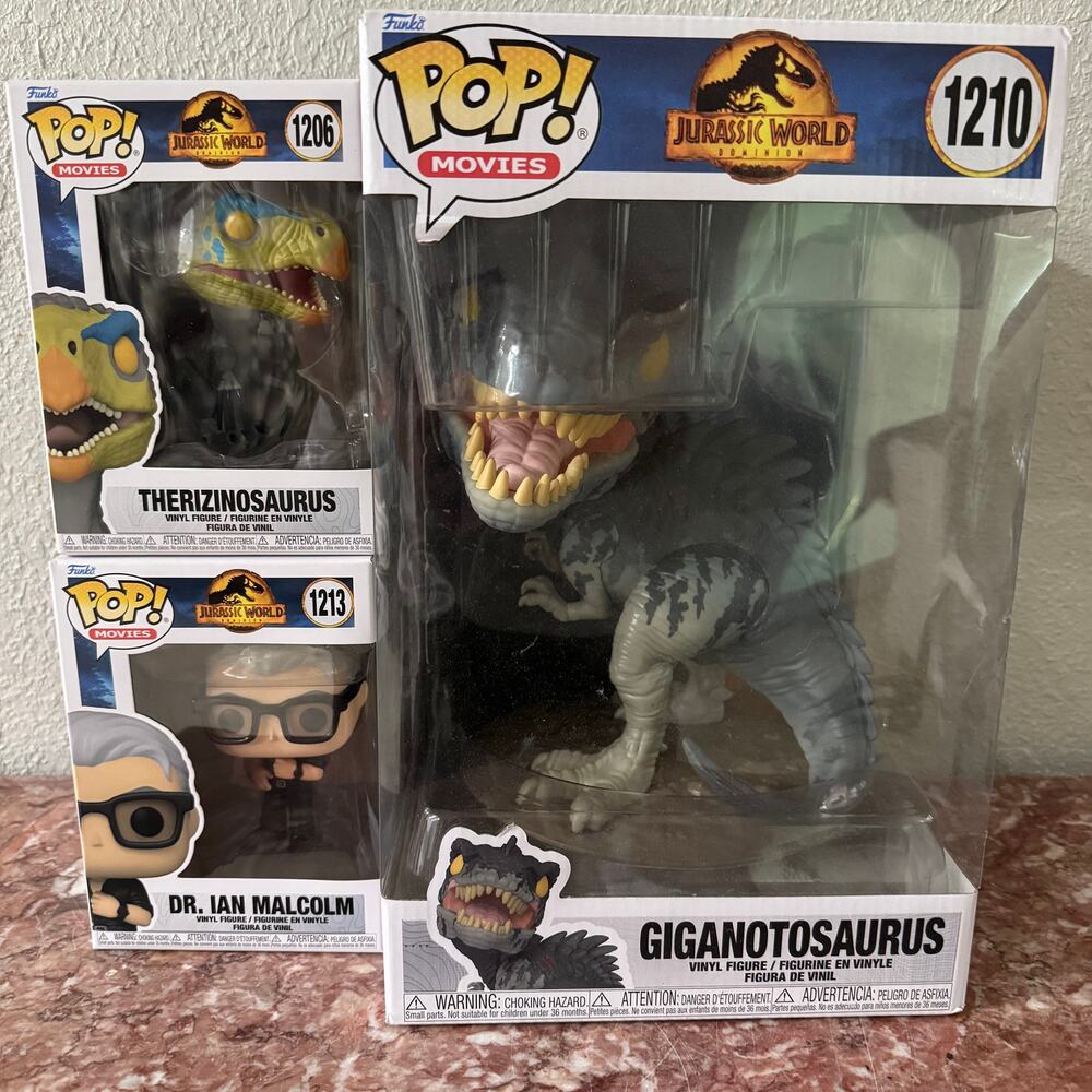 Funko Pop Jurassic World Dominion Lot Giganotosaurus 1210 Therizinosaurus Malcol